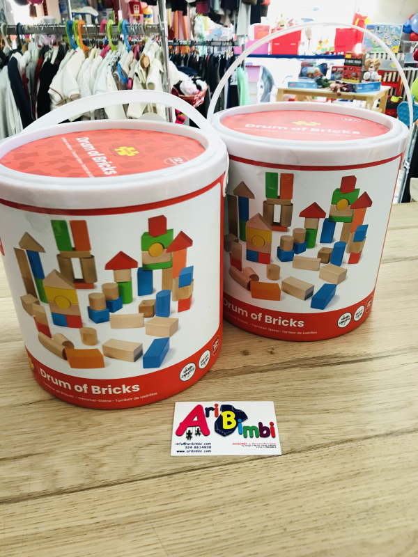 SECCHIELLO COSTRUZIONI IN LEGNO, DRUM OF BRICKS, da 12  mesi, BIGJIGS TOYS